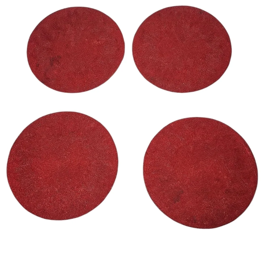 Red Handmade Spiral Beaded Placemat Beaded Table Mat Round Set 4